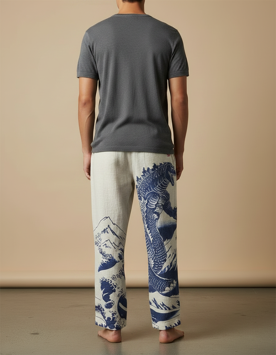 Pantalon Chinois Lin Ample Godzilla Vagues Décontracté - Imprimé - vue 2