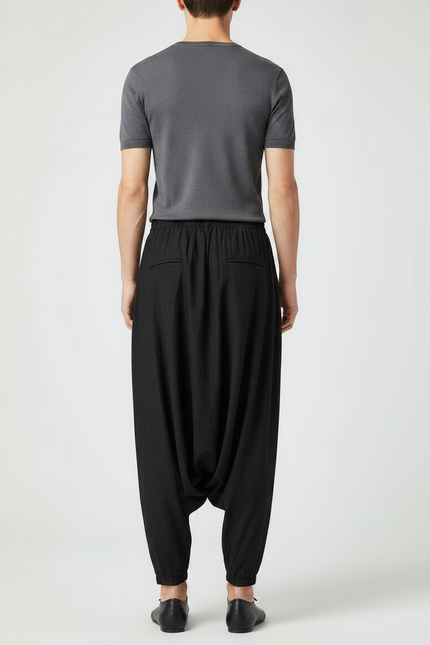 Pantalon Chinois Noir Brodé Dragon Harem Ample - Lin - vue 2