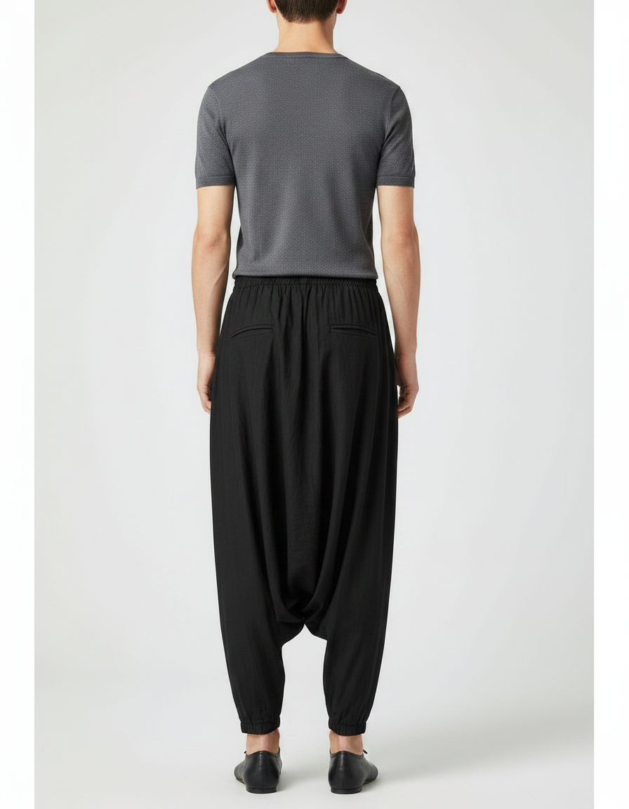 Pantalon Chinois Noir Brodé Dragon Harem Ample - Lin - vue 2