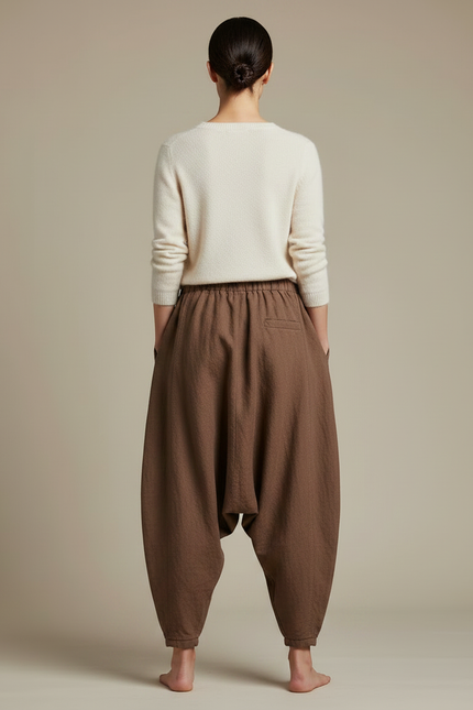 Pantalon Chinois Marron Ample Coton Lin Harem Femme - vue 2