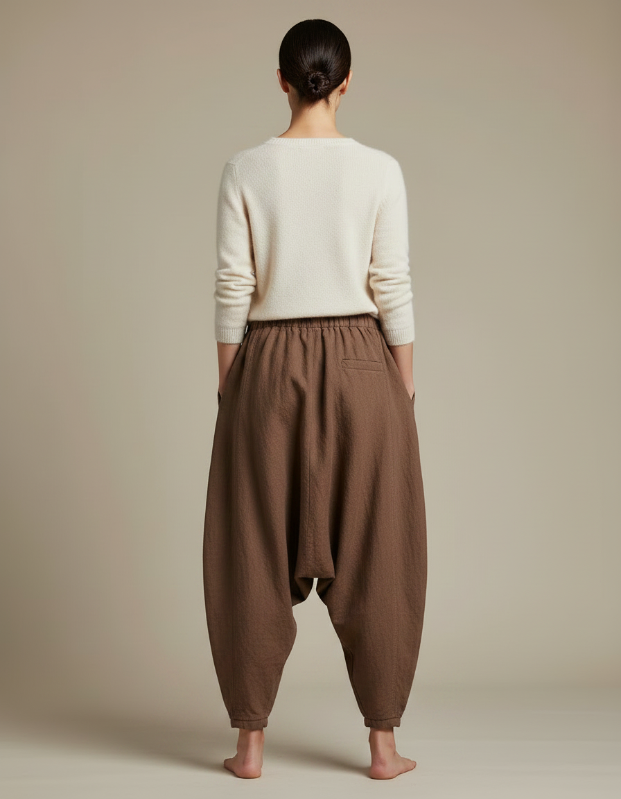 Pantalon Chinois Marron Ample Coton Lin Harem Femme - vue 2