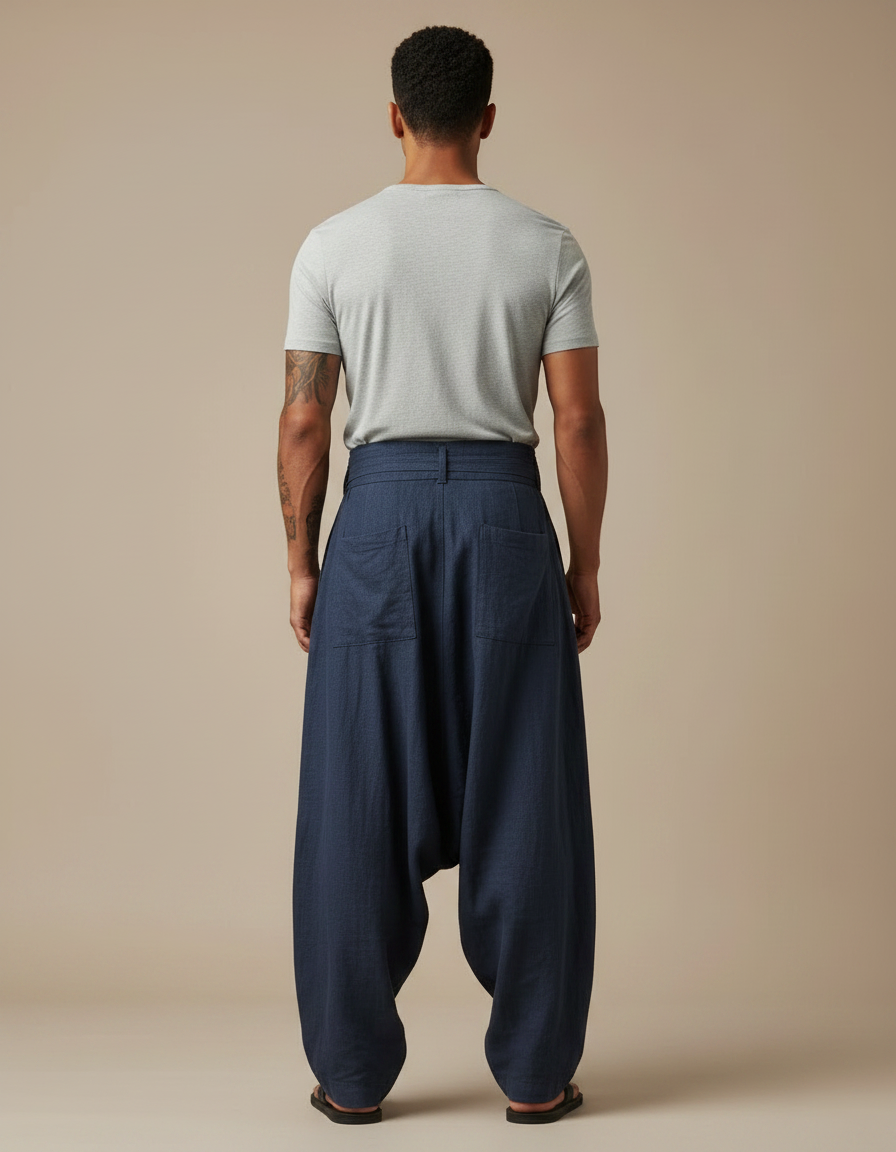 Pantalon Chinois Bleu Marine Ample Lin Décontracté Homme - vue 2
