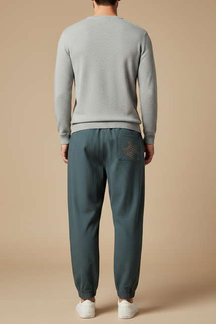 Pantalon Chinois Vert Brodé Nuages Ample Harem Homme - Lin - vue 2