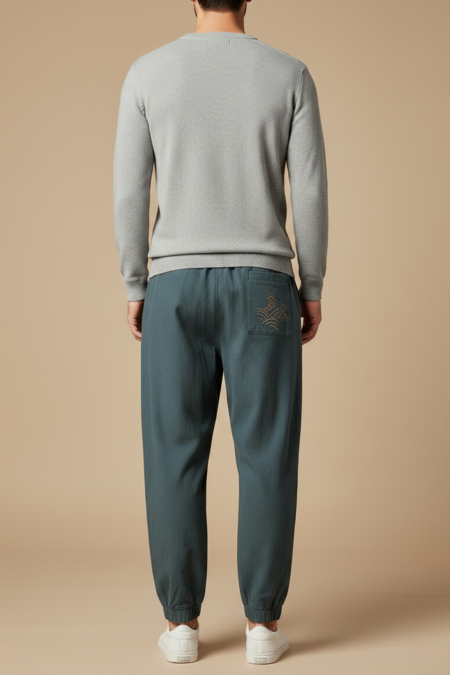 Pantalon Chinois Vert Brodé Nuages Ample Harem Homme - Lin - vue 2