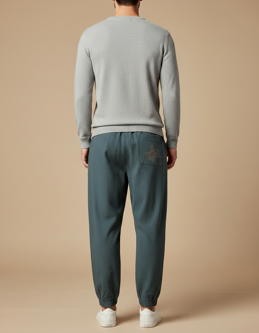 Pantalon Chinois Vert Brodé Nuages Ample Harem Homme - Lin - vue 2