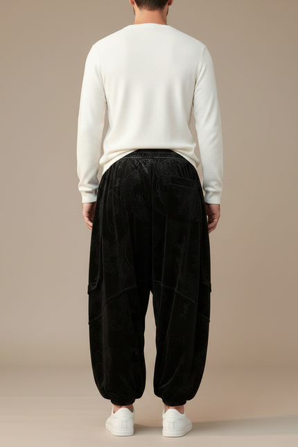 Pantalon Chinois Velours Noir Imprimé Dragon Ample Décontracté - vue 2