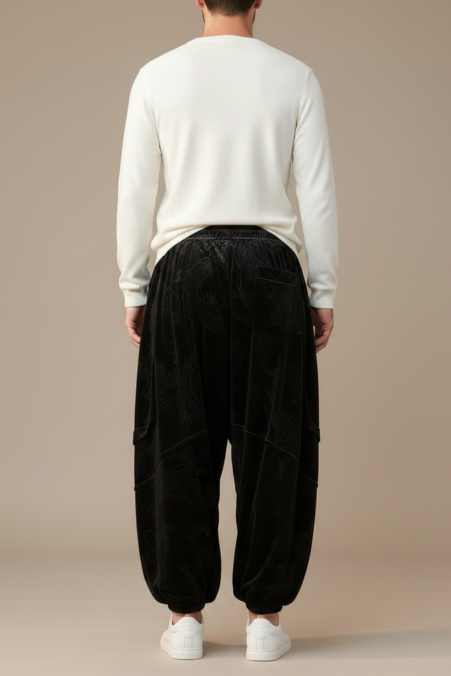 Pantalon Chinois Velours Noir Imprimé Dragon Ample Décontracté - vue 2