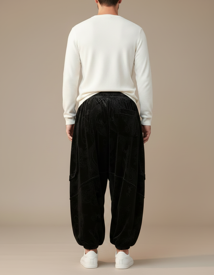Pantalon Chinois Velours Noir Imprimé Dragon Ample Décontracté - vue 2