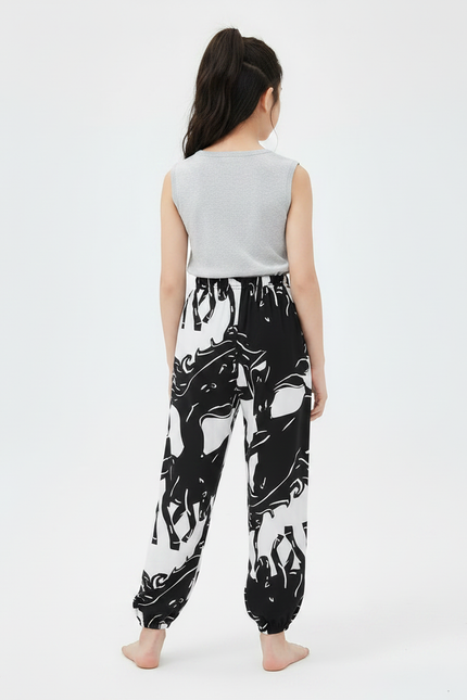 Pantalon Chinois Noir Blanc Imprimé Cheval Fluide Fille - Viscose - vue 2