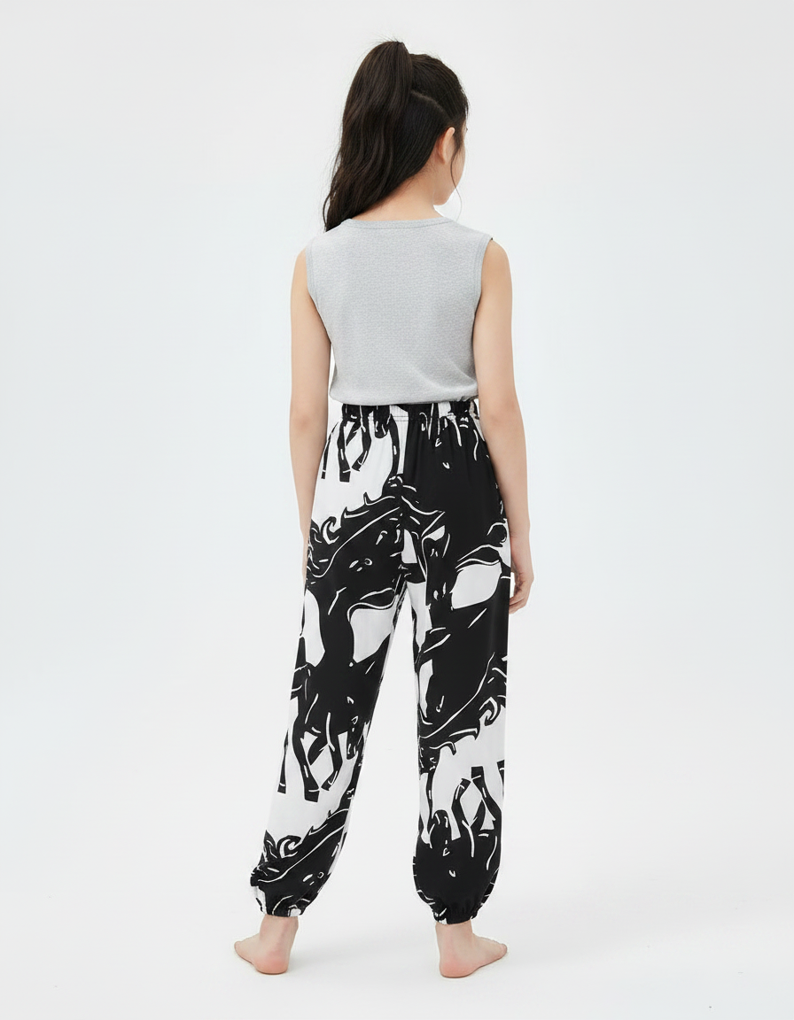 Pantalon Chinois Noir Blanc Imprimé Cheval Fluide Fille - Viscose - vue 2