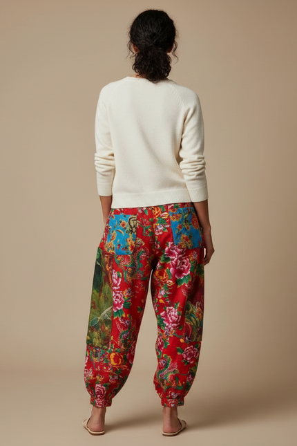 Pantalon Chinois Rouge Floral Ample Patchwork Coton - Multicolore - vue 2