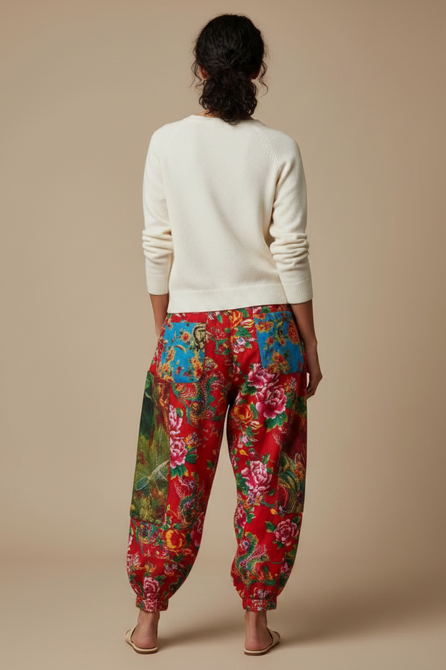 Pantalon Chinois Rouge Floral Ample Patchwork Coton - Multicolore - vue 2