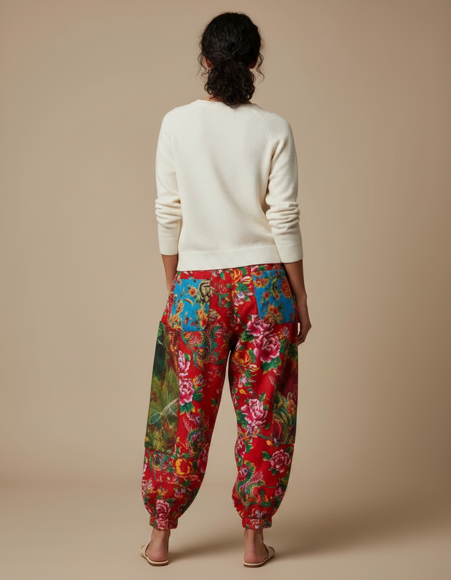 Pantalon Chinois Rouge Floral Ample Patchwork Coton - Multicolore - vue 2