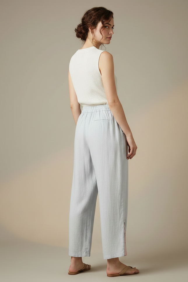 Pantalon Chinois Lin Ample Brodé Ethnique Clair - Bleu - vue 2