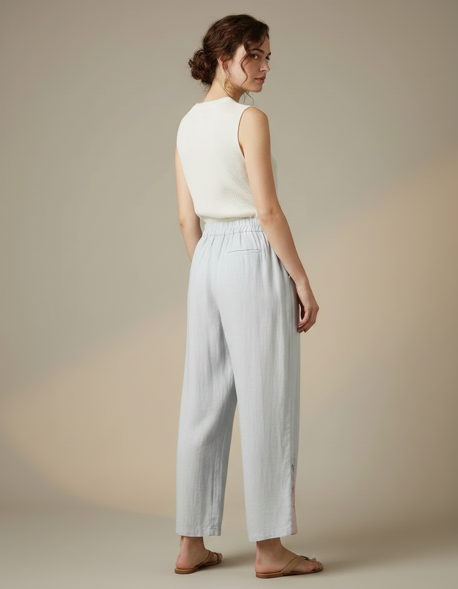 Pantalon Chinois Lin Ample Brodé Ethnique Clair - Bleu - vue 2