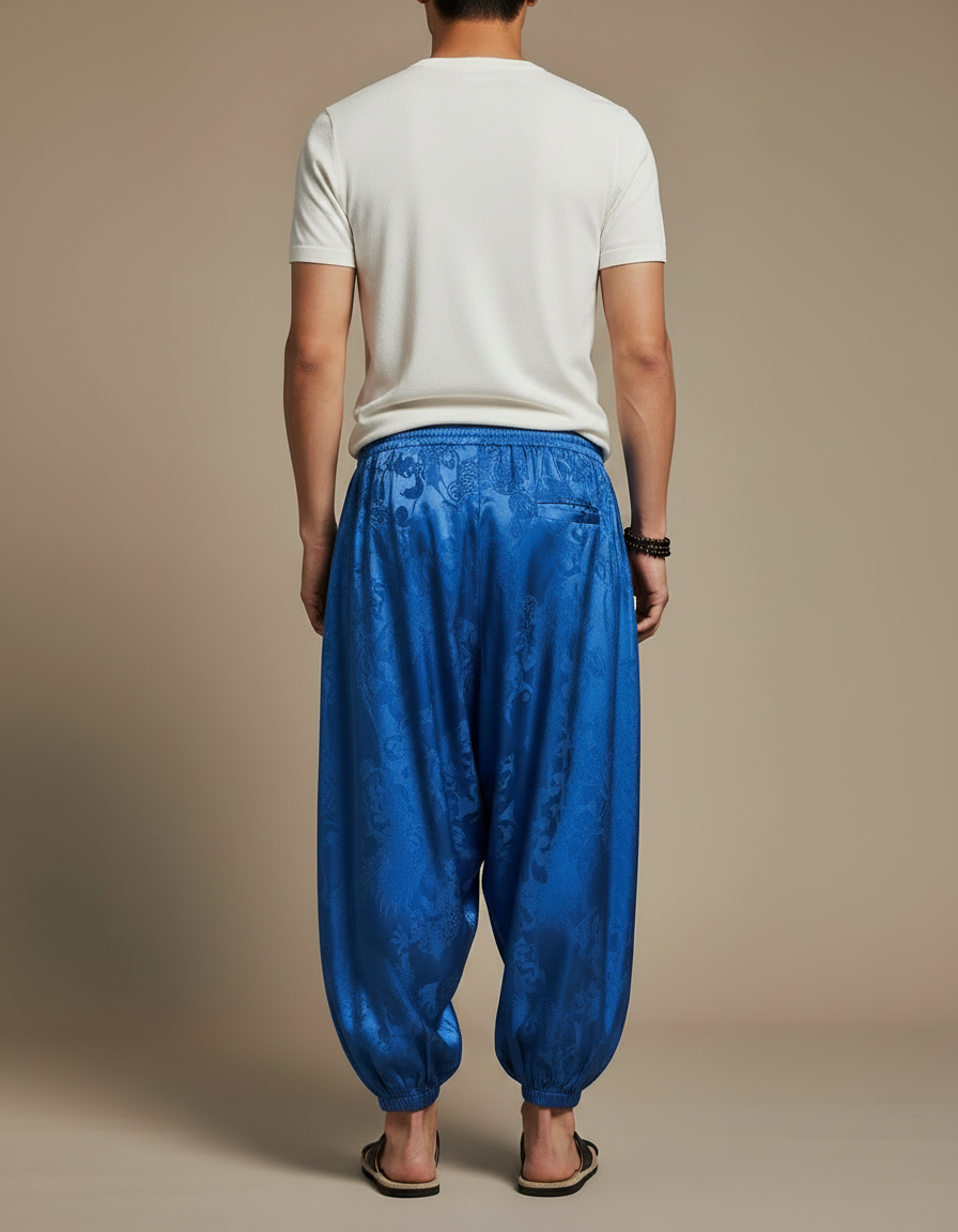 Pantalon Chinois Bleu Dragon Ample Soie Homme - vue 2