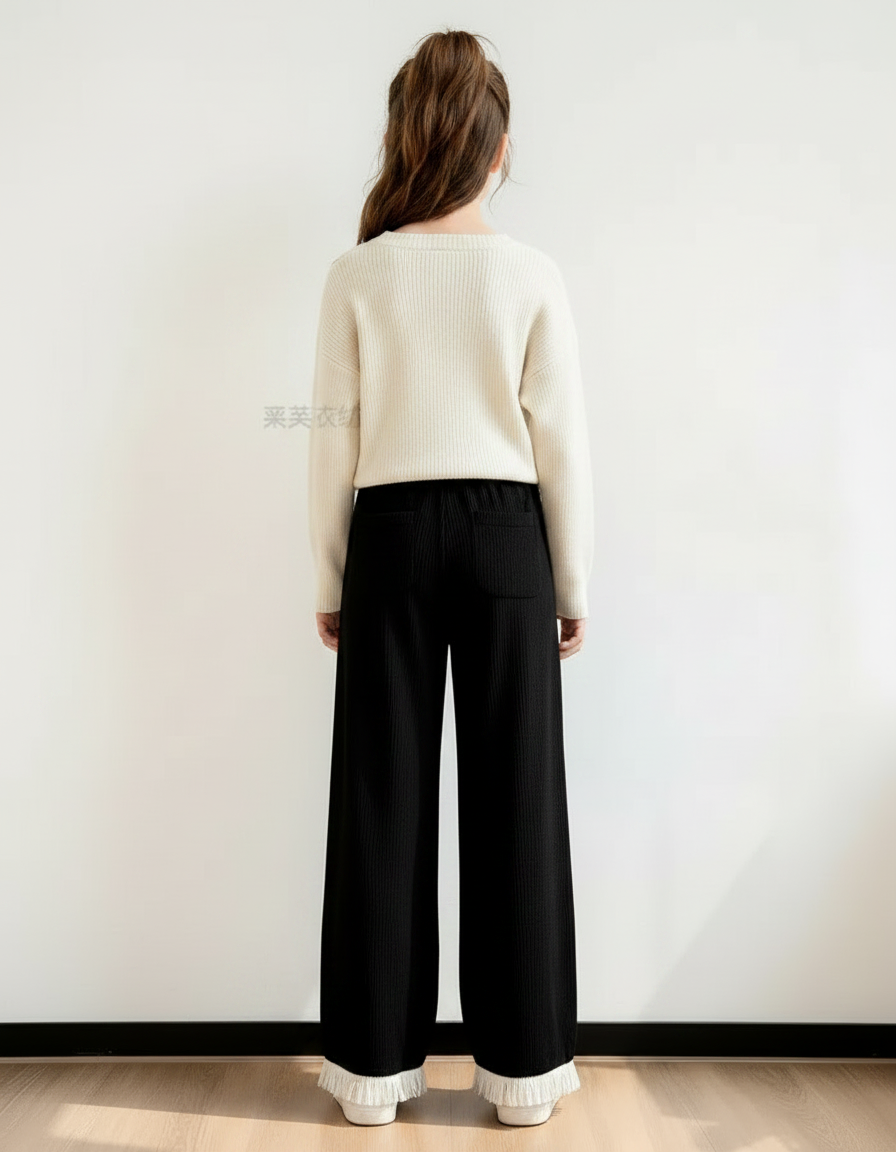 Pantalon Chinois Noir Brodé Frangé Ample Enfant - Maille - vue 2