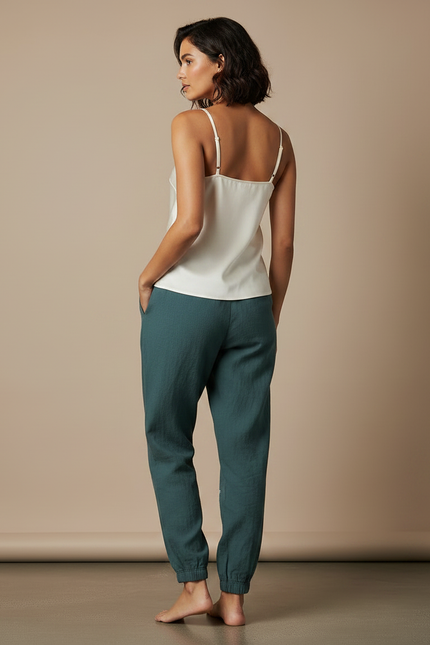 Pantalon Chinois Vert Canard Brodé Fluide Ample - Lin - vue 2