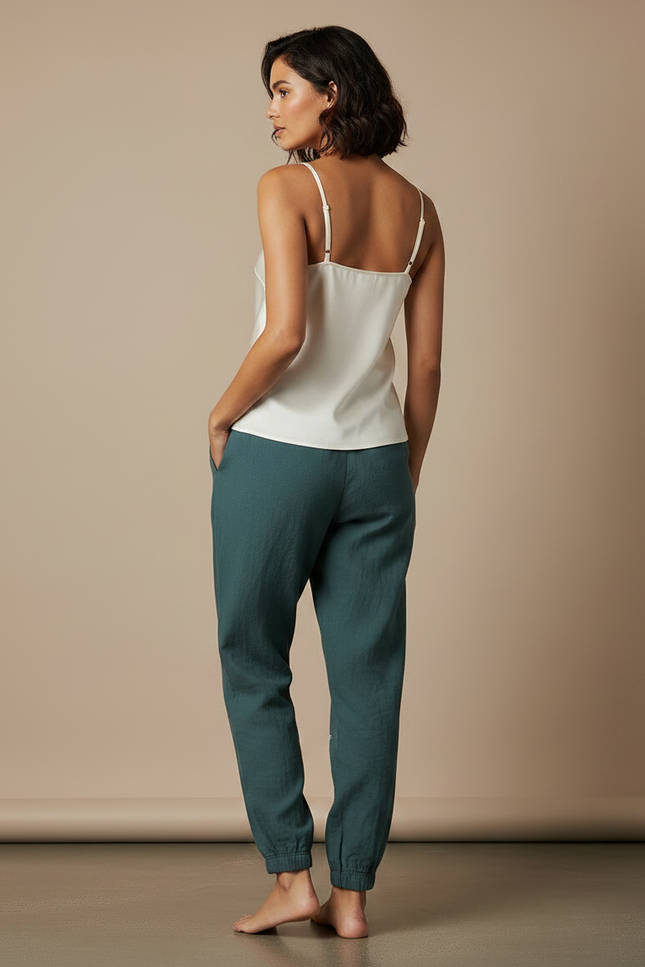 Pantalon Chinois Vert Canard Brodé Fluide Ample - Lin - vue 2