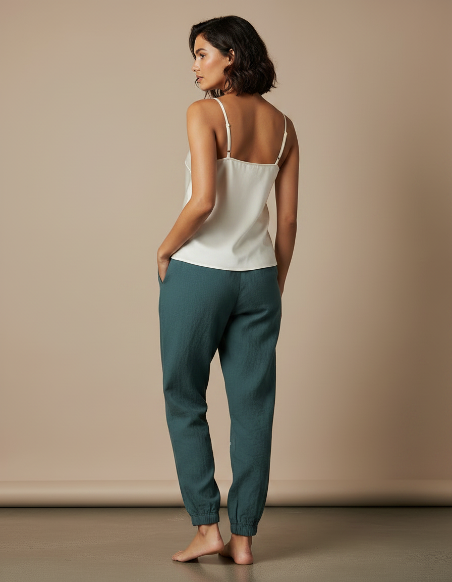 Pantalon Chinois Vert Canard Brodé Fluide Ample - Lin - vue 2