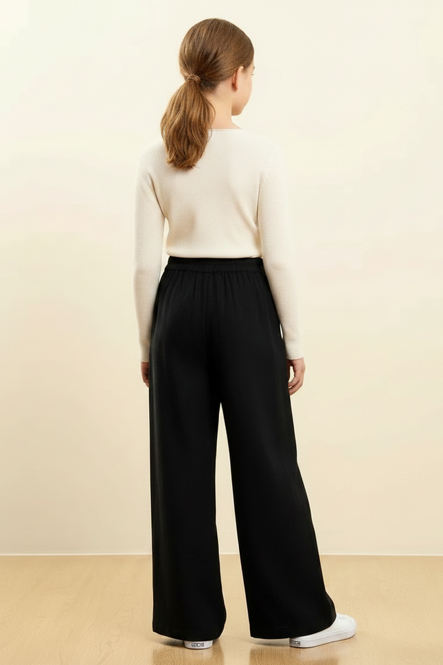 Pantalon Chinois Noir Brodé Ample Fille Décontracté - Viscose - vue 2