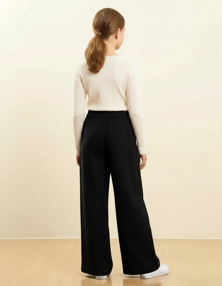 Pantalon Chinois Noir Brodé Ample Fille Décontracté - Viscose - vue 2