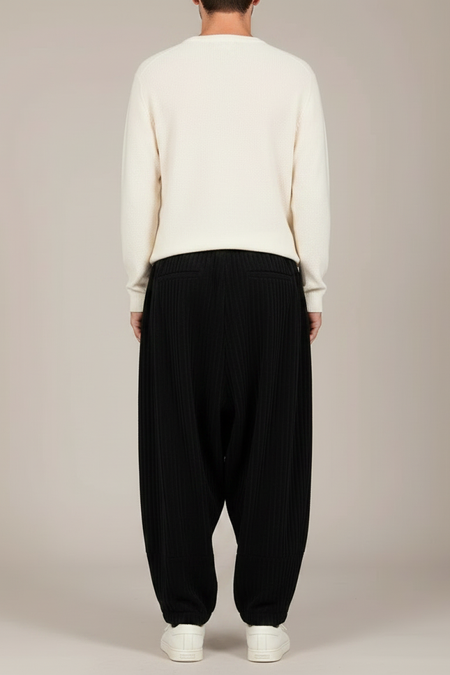 Pantalon Chinois Noir Côtelé Ample Brodé Hiver - Cordé - vue 2