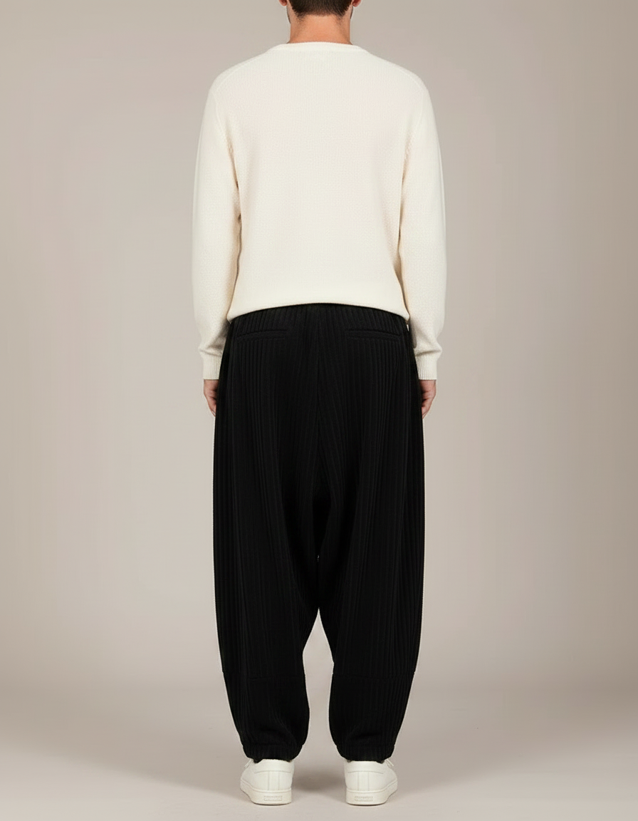Pantalon Chinois Noir Côtelé Ample Brodé Hiver - Cordé - vue 2