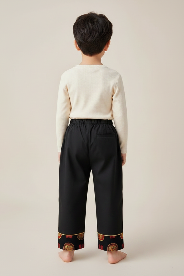 Pantalon Chinois Noir Ample Brodé Traditionnel Garçon - Toile - vue 2