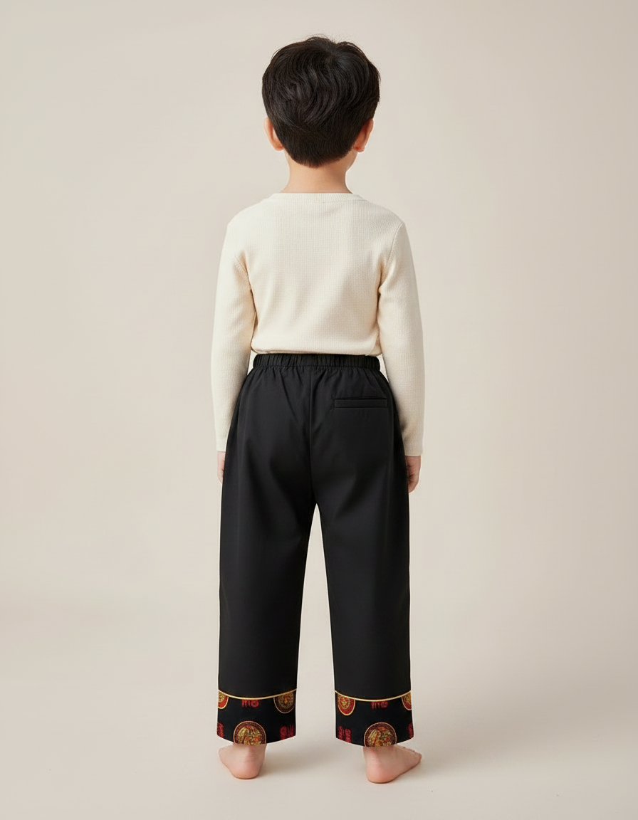 Pantalon Chinois Noir Ample Brodé Traditionnel Garçon - Toile - vue 2