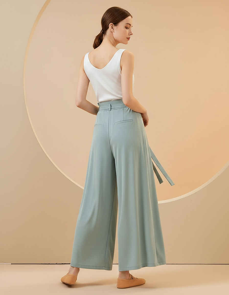Pantalon Chinois Fluide Ample Ceinturé Vert Femme - Viscose - vue 2