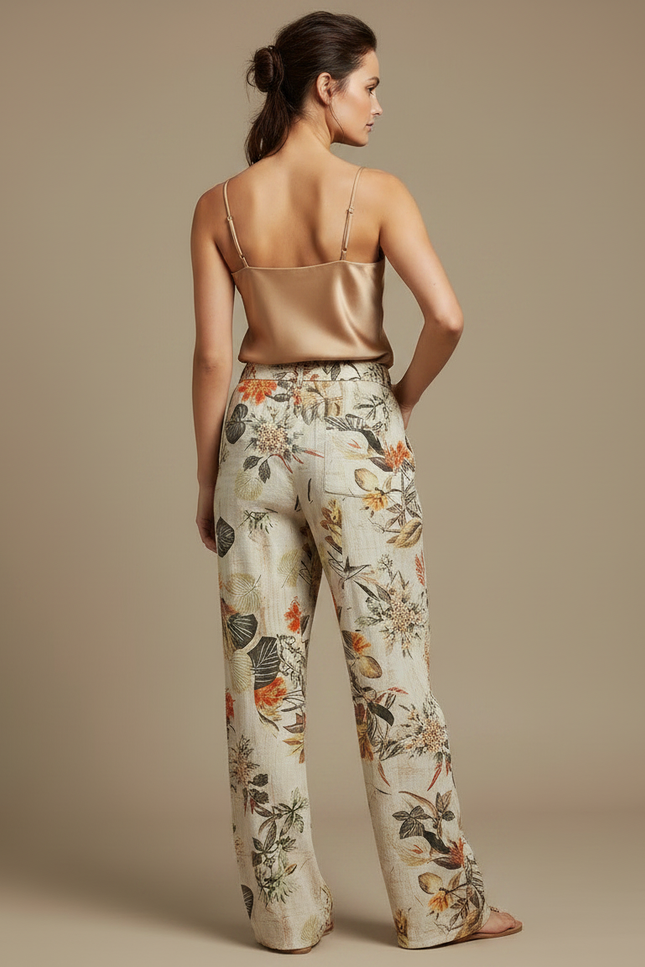 Pantalon Chinois Beige Floral Ample Fluide Cordon - Lin - vue 2