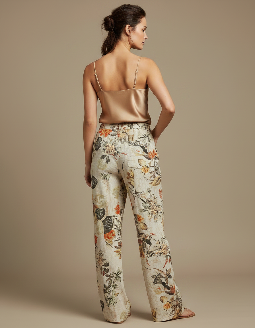 Pantalon Chinois Beige Floral Ample Fluide Cordon - Lin - vue 2