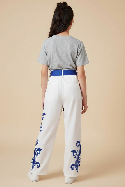 Pantalon Chinois Blanc Ample Brodé Bleu Enfant - Polyester - vue 2