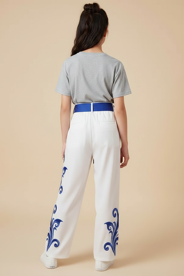 Pantalon Chinois Blanc Ample Brodé Bleu Enfant - Polyester - vue 2