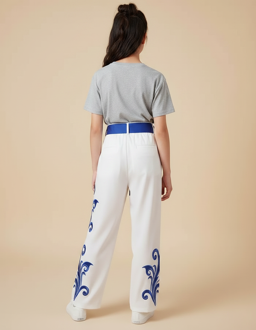 Pantalon Chinois Blanc Ample Brodé Bleu Enfant - Polyester - vue 2