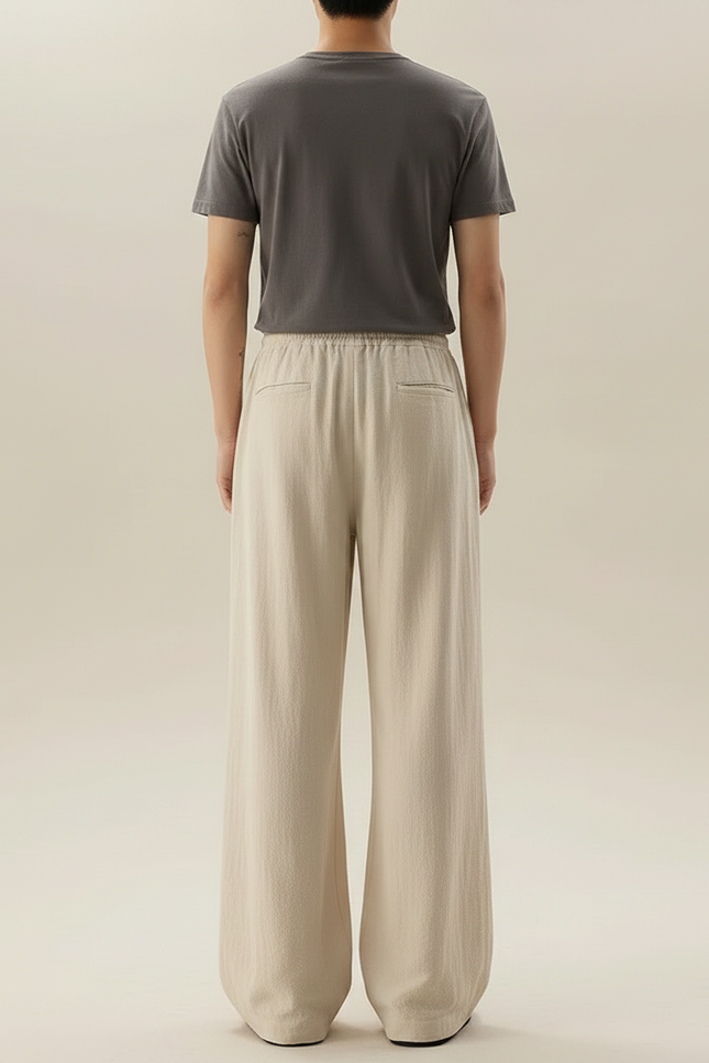 Pantalon Chinois Lin Ample Cordon Beige Décontracté Homme - vue 2