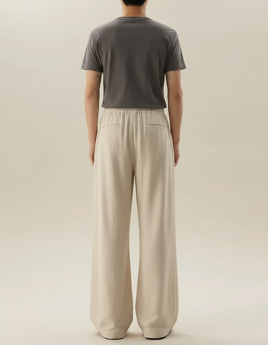Pantalon Chinois Lin Ample Cordon Beige Décontracté Homme - vue 2
