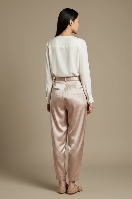 Pantalon Chinois Satin Rose Pailleté Fluide Femme Élégant - vue 2