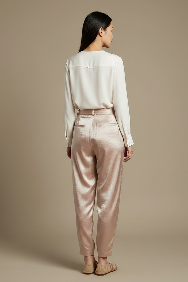 Pantalon Chinois Satin Rose Pailleté Fluide Femme Élégant - vue 2