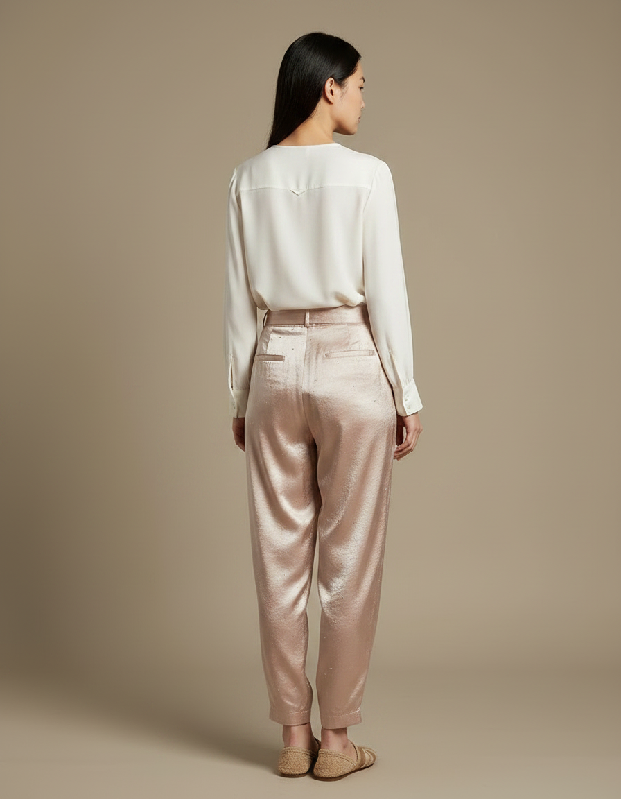 Pantalon Chinois Satin Rose Pailleté Fluide Femme Élégant - vue 2