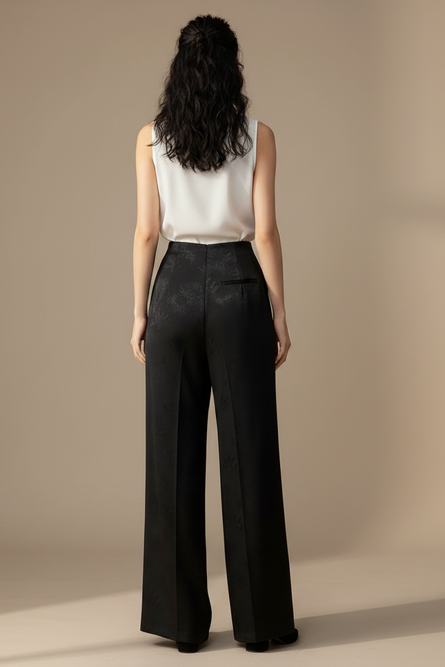 Pantalon Chinois Noir Jacquard Ample Élégant Femme - Satin - vue 2