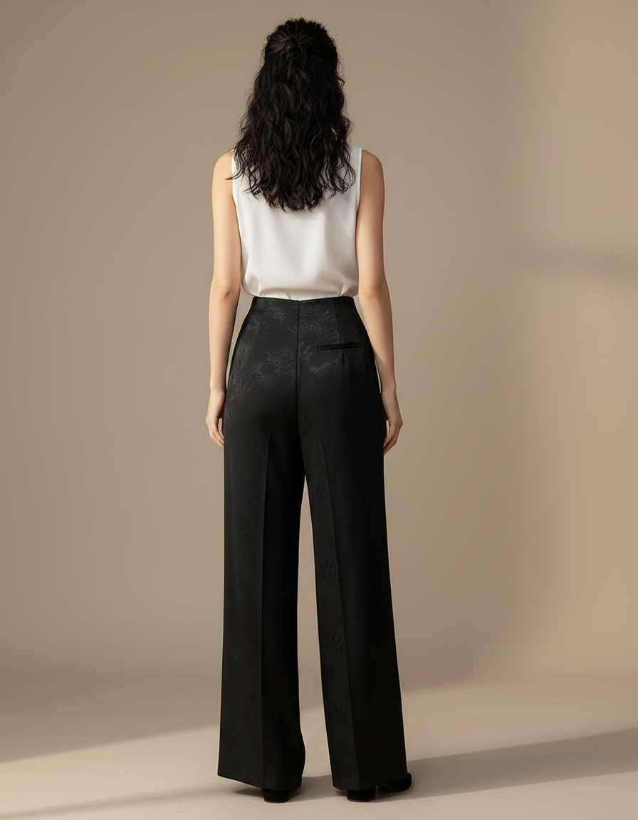 Pantalon Chinois Noir Jacquard Ample Élégant Femme - Satin - vue 2