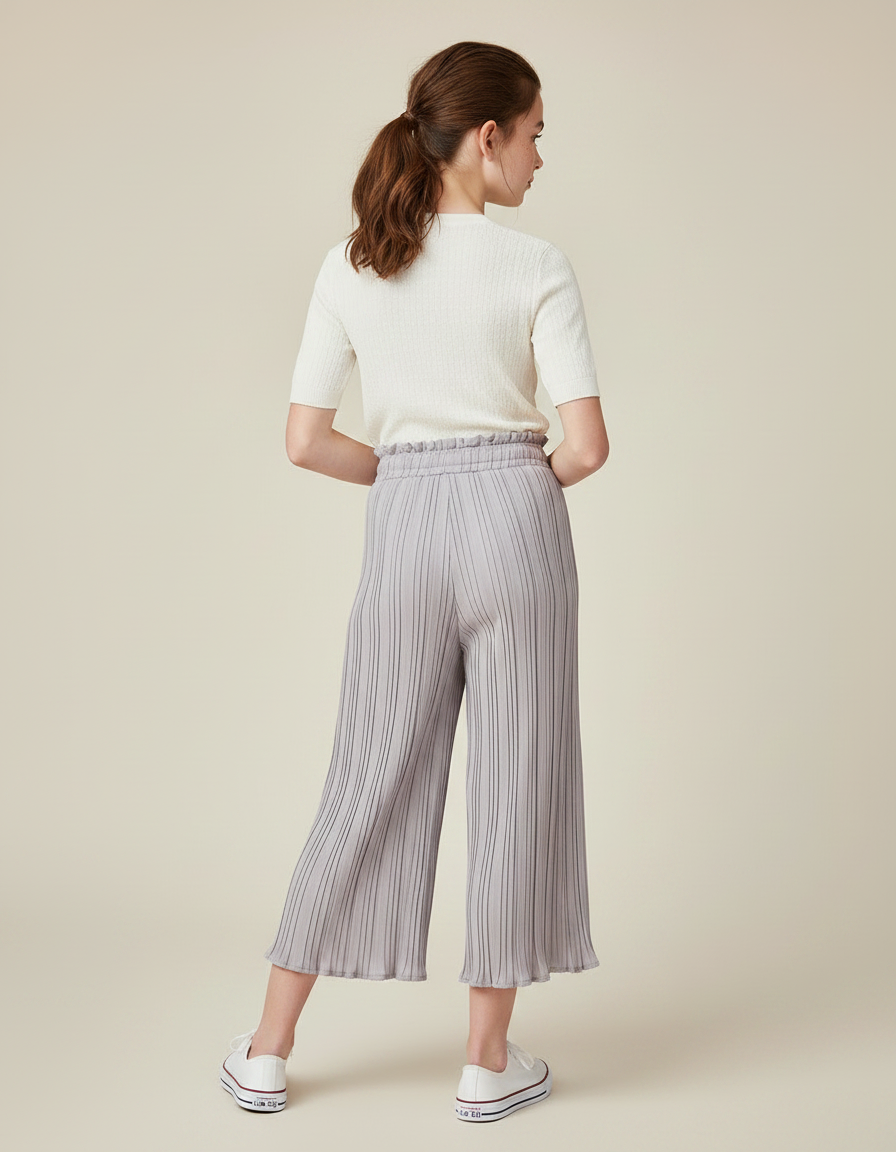 Pantalon Chinois Plissé Gris Ample Fluide Décontracté Enfant - Polyester - vue 2