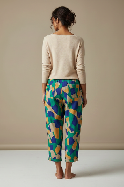 Pantalon Chinois Imprimé Géométrique Fluide Coton Estival - Multicolore - vue 2