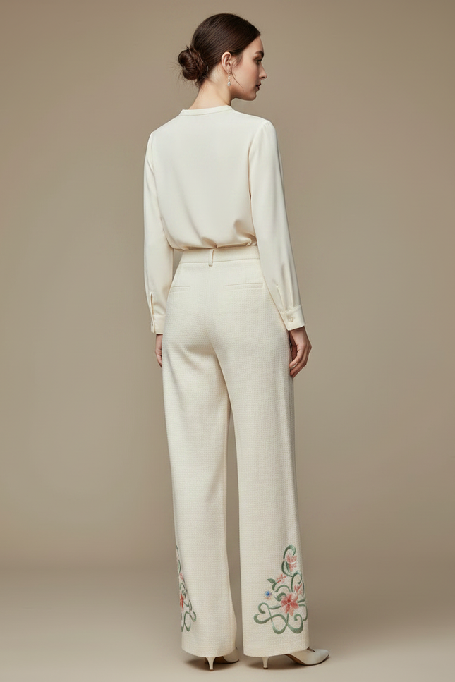 Pantalon Chinois Crème Brodé Floral Ample Élégant - Beige Tweed - vue 2