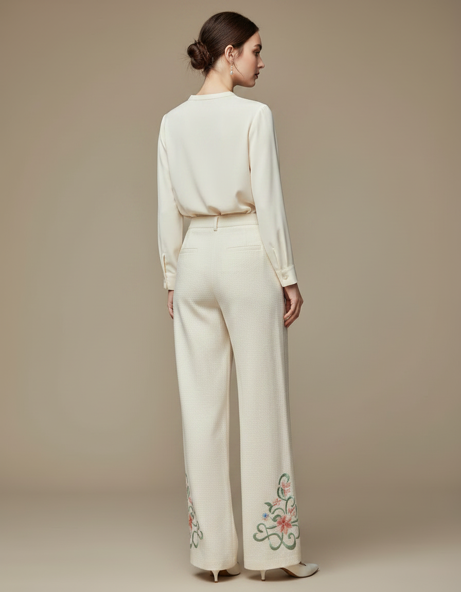 Pantalon Chinois Crème Brodé Floral Ample Élégant - Beige Tweed - vue 2