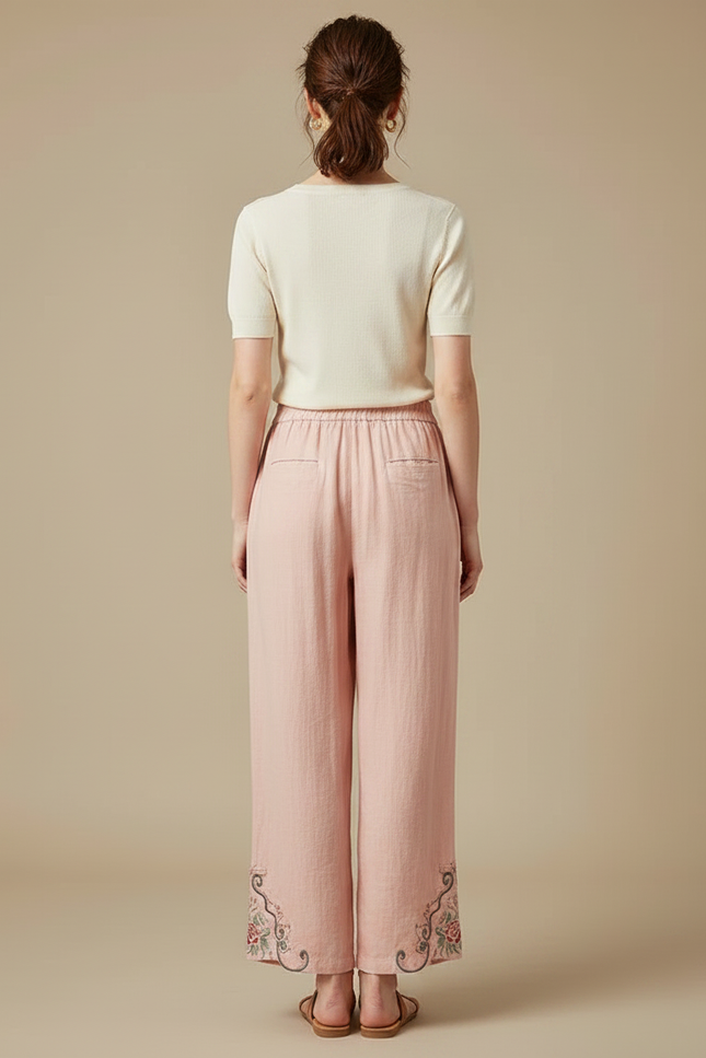 Pantalon Chinois Rose Brodé Floral Fluide Femme - Lin - vue 2