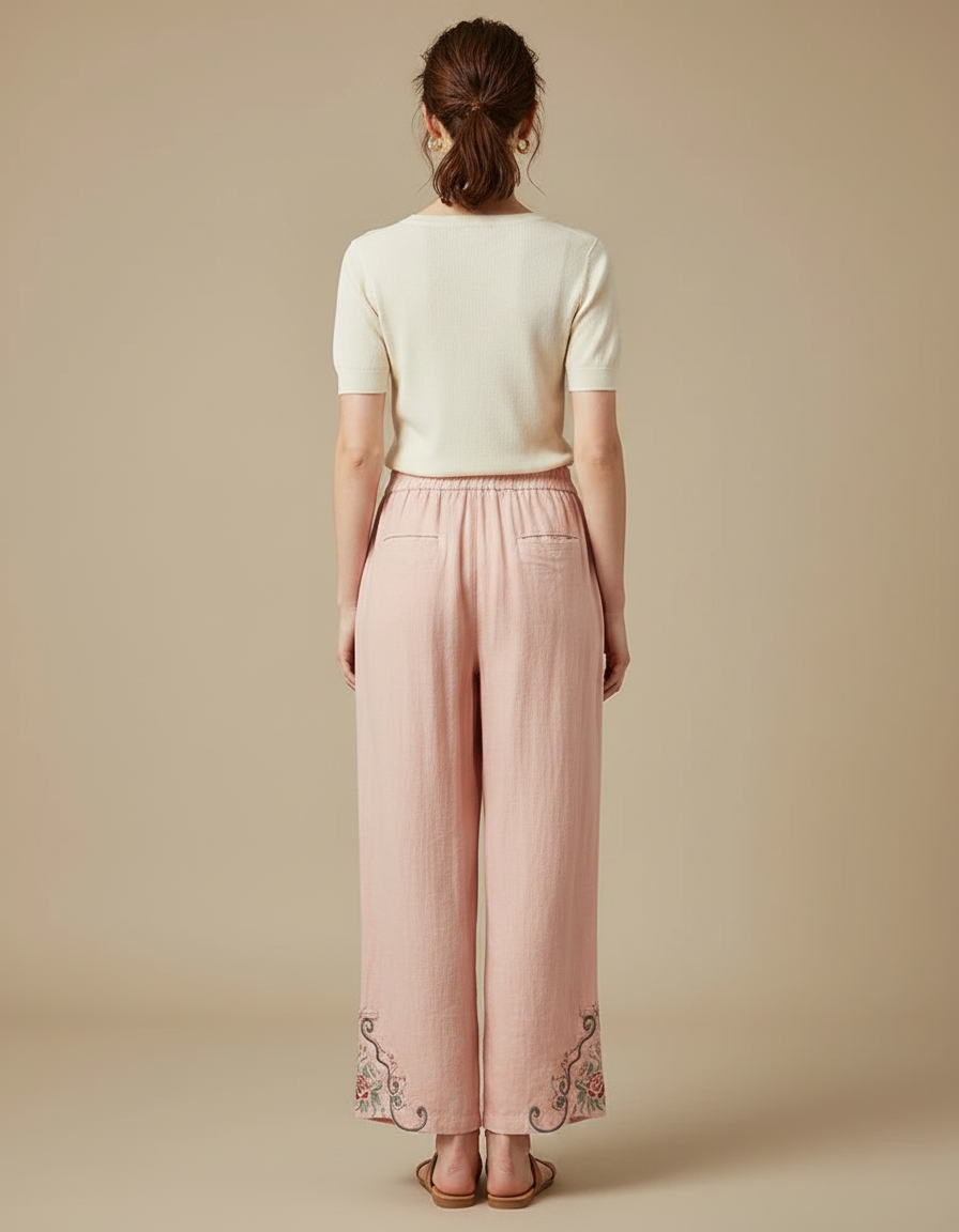 Pantalon Chinois Rose Brodé Floral Fluide Femme - Lin - vue 2