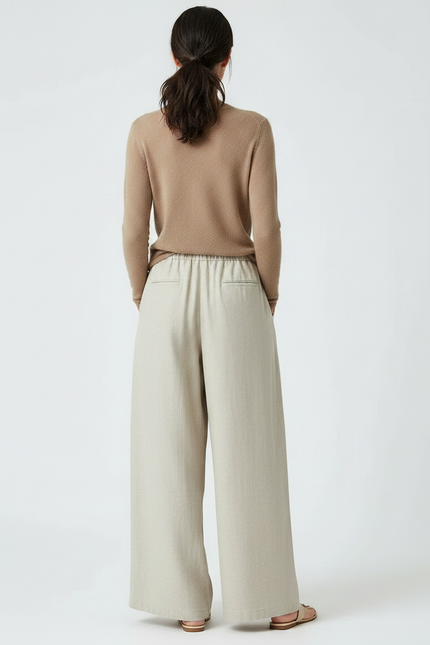 Pantalon Chinois Lin Ample Beige Décontracté Fluide - vue 2